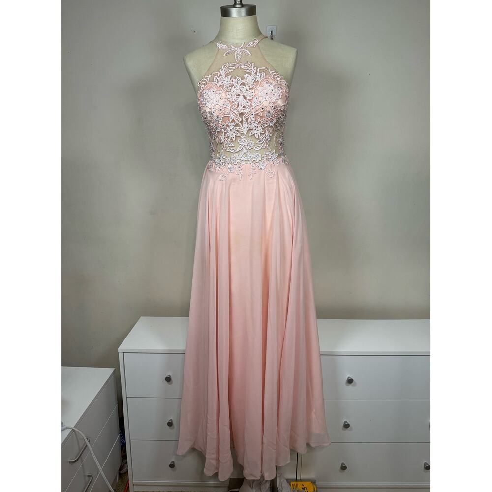 Dancing Queen 2369 Embroidered Sheer Halter Chiffon Dress - Size S USED
